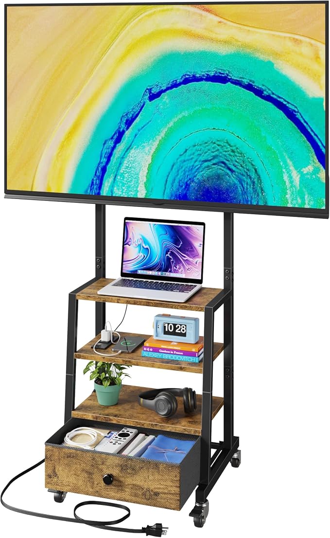 Rolling TV Stand with Wheels and Mount & Fabric Drawer - Entertainment Center with Power Outlet and Small TV Stand for Bedroom, Living Room - 15" Rustic Brown by Unknown