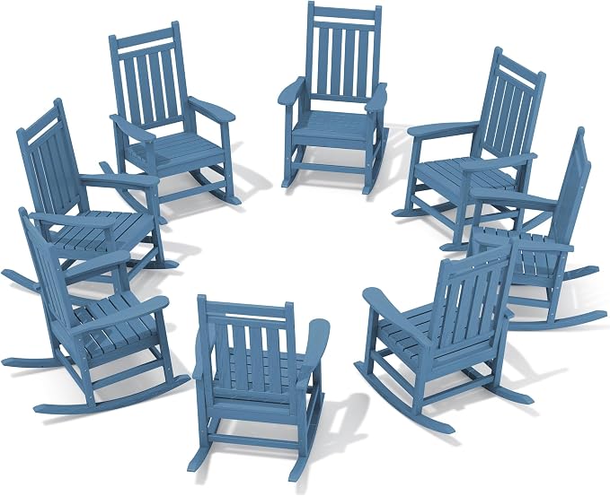 SERWALL HDPE Outdoor Rocking Chair Set of 8, Patio Rocking Chairs for Adults, All Weather Outdoor Rockers for Lawn, Blue by SERWALL