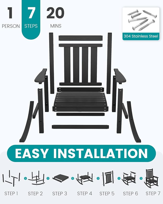 SERWALL Oversized Outdoor Rocking Chair Set of 4, HDPE Rocker for Adults, Patio Rocking Chairs for Porch, Black - Image 7