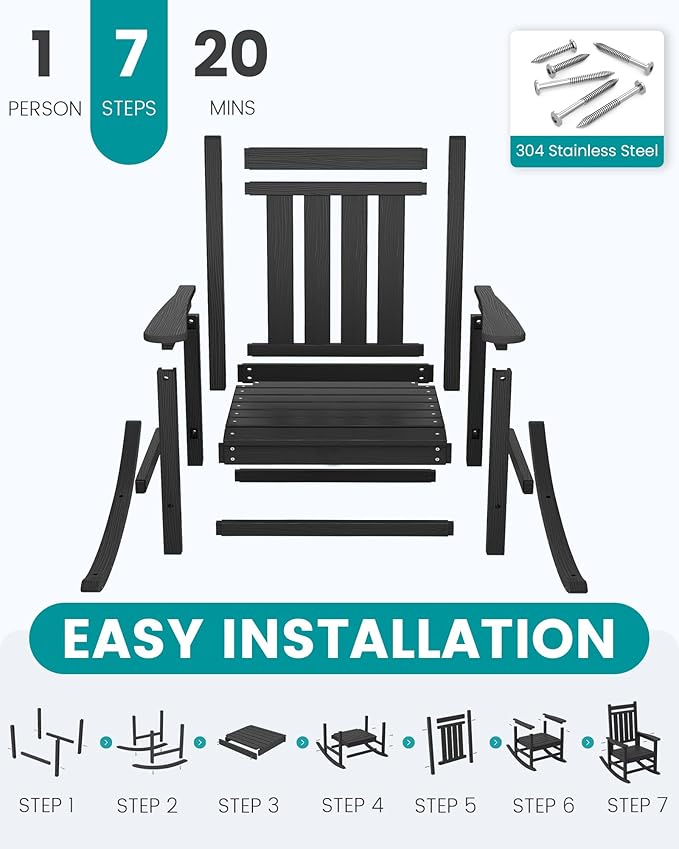 SERWALL HDPE Outdoor Rocking Chair Set of 8, Patio Rocking Chairs for Adults, All Weather Outdoor Rockers for Lawn, Black - Image 7
