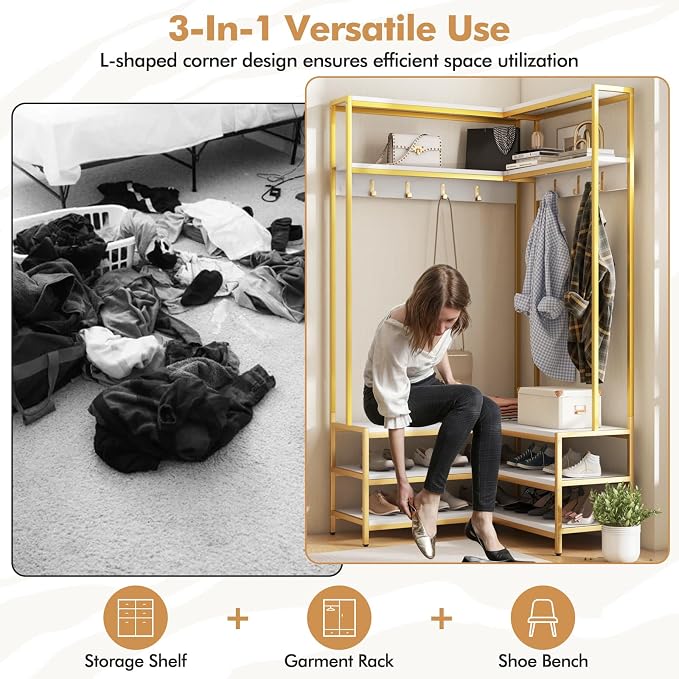 Tangkula Corner Hall Tree, 70 Inch Coat Rack with Bench and Shoe Storage, Entryway Furniture with 7 Hooks, Heavy Duty Metal Frame, Space Saving Clothes Rack Shoes Shelf Organizer (White) - Image 7