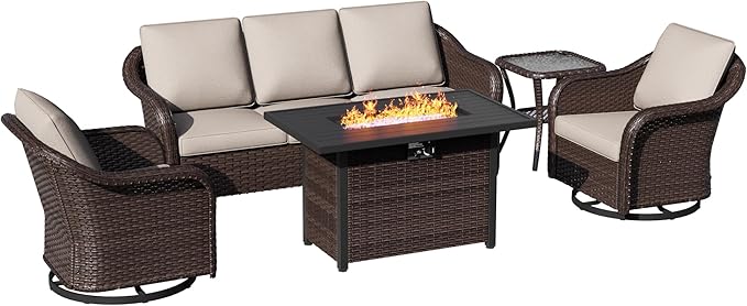5 Piece Patio Wicker Conversation Set, All-Weather Use Outdoor Wicker Sofa with 2 PE Rattan Ottomans,2 Swivel Chair, 1 Side Table, Ideal for Porch, Backyard, Balcony, Poolside, Beige