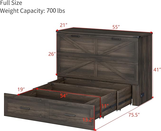 Bellemave Full Size Murphy Bed, Cabinet Bed with Charging Station and Storage, Farmhouse Murphy bedframe with Foldable Panel, Noisy Free, for Guest Bedroom, Living Room, Office, Rustic Gray