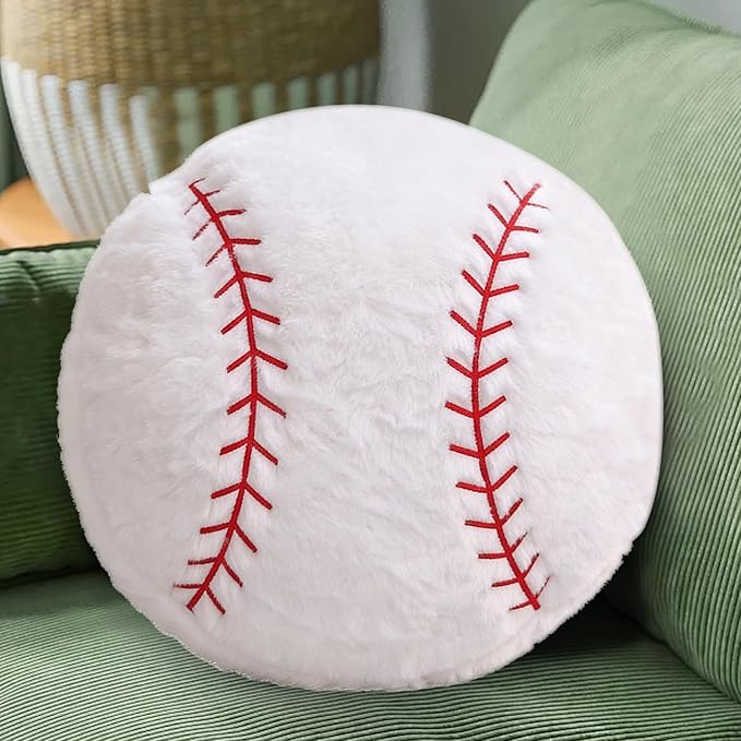 Plush Baseball Pillow 2 Pack, Soft Fluffy Round Baseball Shaped Throw Pillows for Kids Room, Sofa & Bed Decor, Seat Cushion Alternative for Gaming & Sports Room 15.7 Inch