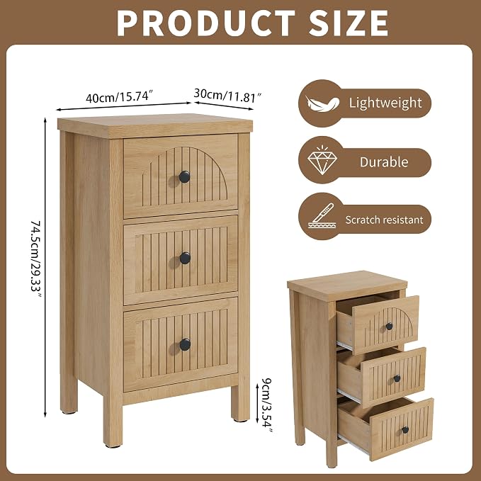 Nightstands Set of 2 Side Table with Fluted Drawers,Mid Century Modern Nightstand,29.33‘’ Tall Wood Bedside Table with 3 Drawer,Narrow Bed Side Table for Bedroom,Small Space,Oak, 2 Piece - Image 2