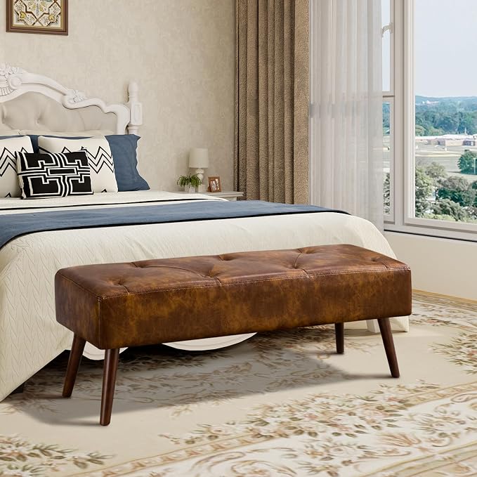 Furnimart Faux Leather Bench Ottoman, Tufted Button Bedroom Benches Footrest Stool in Solid Wood Legs, Long and Dining Bench, Indoor Bench for Entryway Living Room Bedroom (Leather-DustYellow) - Image 9
