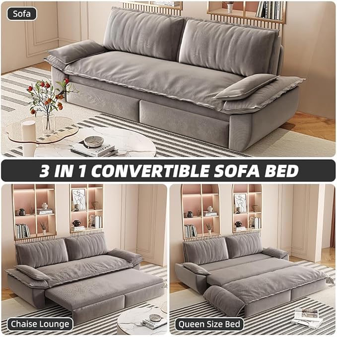3-in-1 Convertible Sofa Bed Queen Size Pull Out Sleeper Sofa with Heavy Duty Metal Frame, Luxurious Velvet Upholstered Loveseat with 2 Pillows, Modern Folding Guest Bed for Living Room, Apartment