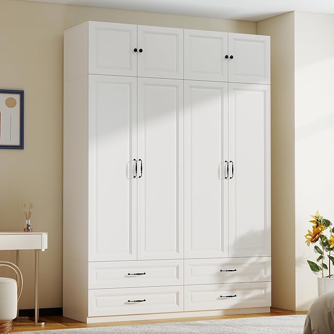 White Armoire Wardrobe Closet: 88" Extra Tall Wardrobe Closet with 4 Drawers, Bedroom Armoires with 4 Doors, Wood Large Armoire with Top Cabinet (63")