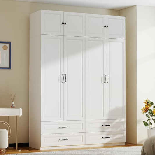 White Armoire Wardrobe Closet: 88" Extra Tall Wardrobe Closet with 4 Drawers, Bedroom Armoires with 4 Doors, Wood Large Armoire with Top Cabinet (63")