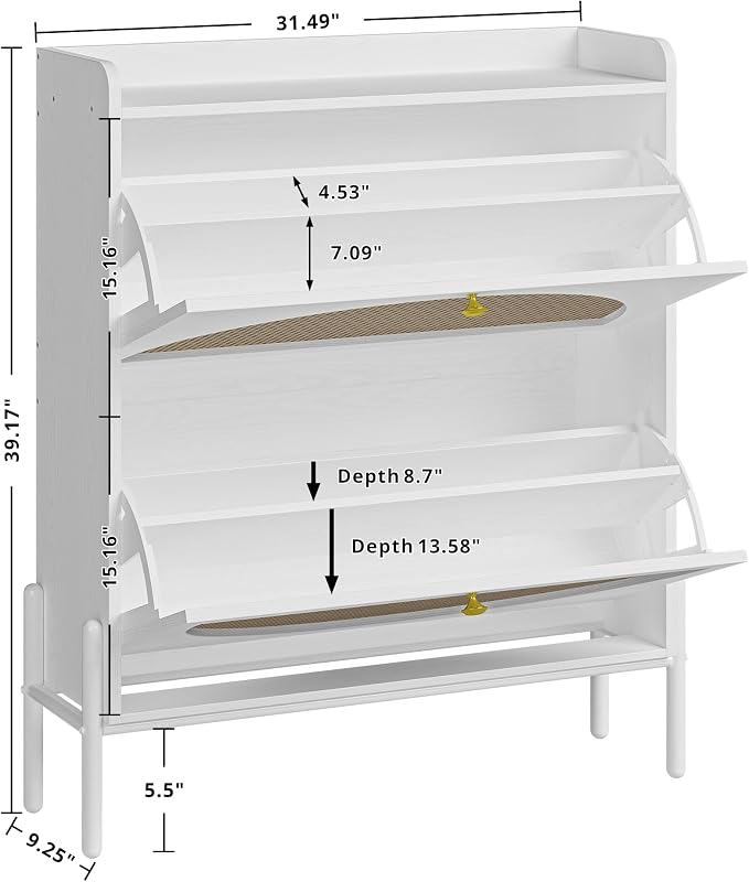 IRONCK Shoe Cabinet Storage with 2 Flip Drawers, Free Standing Wooden Shoe Storage Organizer Cabinet with Rattan Doors for Entryway, Narrow Shoe Rack Cabinet, White - Image 3