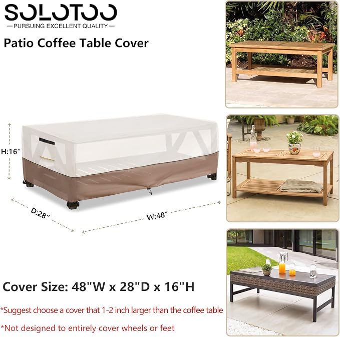 Outdoor Coffee Table Cover Waterproof, Heavy Duty Patio Rectangular Side Table Covers, 48W x 28D x 16H Inches Outdoor Tables Cover (Beige) - Image 3