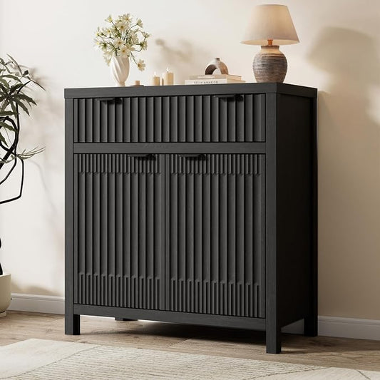 Fatmok Fluted Buffet Cabinet with Storage, 34" Tall Modern Arched Sideboard Cabinet w/AdjustableShelves,Wooden Modular Coffee Bar for Dining Room, Kitchen, Living Room, Entryway, Black by Fatmok