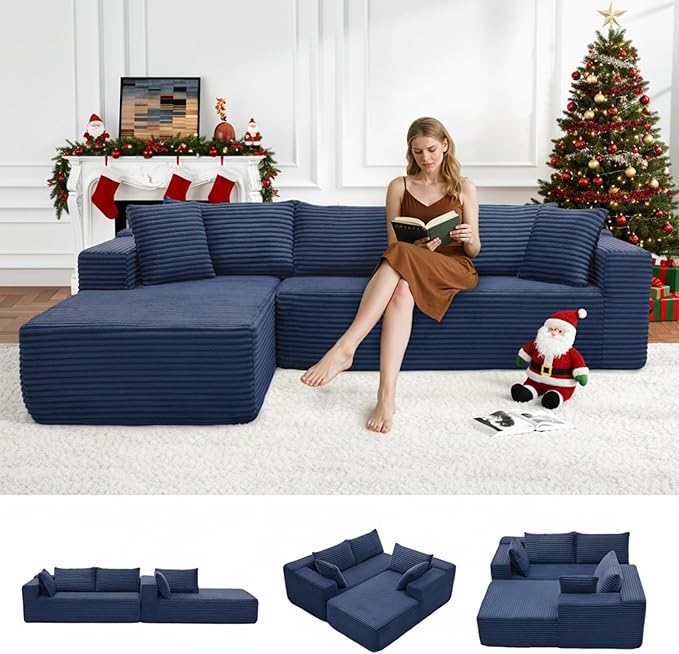 Cloud Sectional Couch, 105" Modular Sectional Sofa with Right Chaise Lounge, Modern Modular L-Shape Sofa with Pillows & Deep Seat, Boneless Couches for Living Room Bedroom, Dark Blue