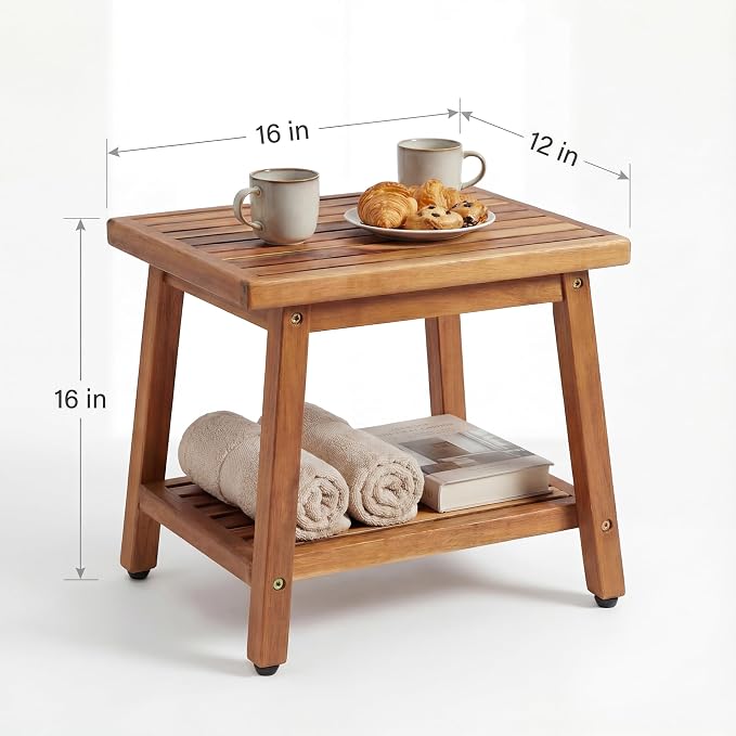 ENKEZI Small Acacia 16 Inches Outdoor Side Table, 2-Tier Sturdy Patio, End Table Weather Resistant, Strong Stability Side Table for Patio, Pool, Porch, Teak Finish (Small) - Image 3