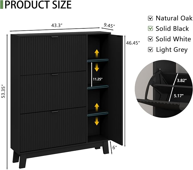 Xixini Shoe Cabinet with 3 Flip Drawers, 54" Tall Narrow Fluted Shoe Storage Organizer for Entryway, Hidden Wooden Shoe Rack with Adjustable Side Cabinet for Front Door Entrance, Hallway, Solid Black - Image 2