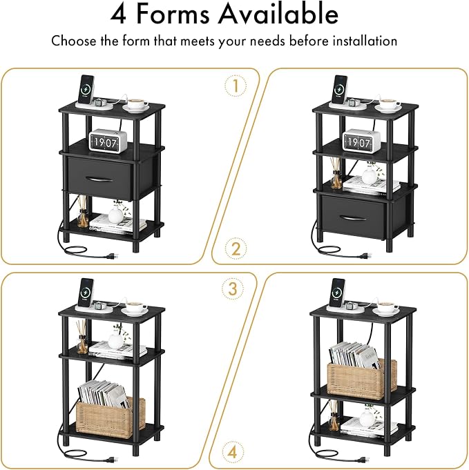 Bedroom Nightstand with Charging Station, Bedside Table with Adjustable Fabric Drawer, 3-Tier Night Table, 2-Min Installation Without Tools, Bedroom Side Table, Black - Image 5