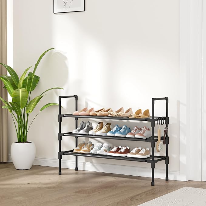 3 Tier Shoe Rack, Shoe Organizer Storage for 16-20 Pair Boot and Sneaker, Stackable Free Standing Shoe Shelf with Hooks and Side Pocket, Space Saving Shoes Rack for Closet, Entryway - Image 2