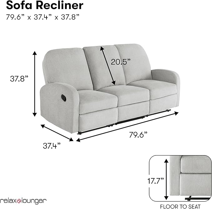 Relax-A-Lounger® Palmdale 79.6" Rocker Manual Pull-Handle Sofa Recliner, Soft Modern, Pocket Coil Comfort, Black Metal Base Leg, Soft Chenille Fabric, Light Gray