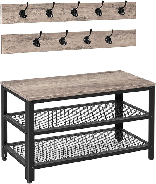 HOOBRO Hall Tree Entryway Storage Bench, Coat Rack Shoe Bench, Shoe Rack Organizer with Coat Hooks, 3-in-1 Design, Wooden Furniture with Metal Frame, Greige and Black BG17MT01 by HOOBRO