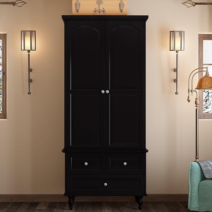 MOUMON 2 Door Armoire Wardrobe Closet with 3 Drawers, Vintage Wardrobe Cabinet with Hanging Rod, Bedroom Armoire Closet with Shelves, for Bedroom, Black, 19.7”D x 31.5”W x 70.9”H