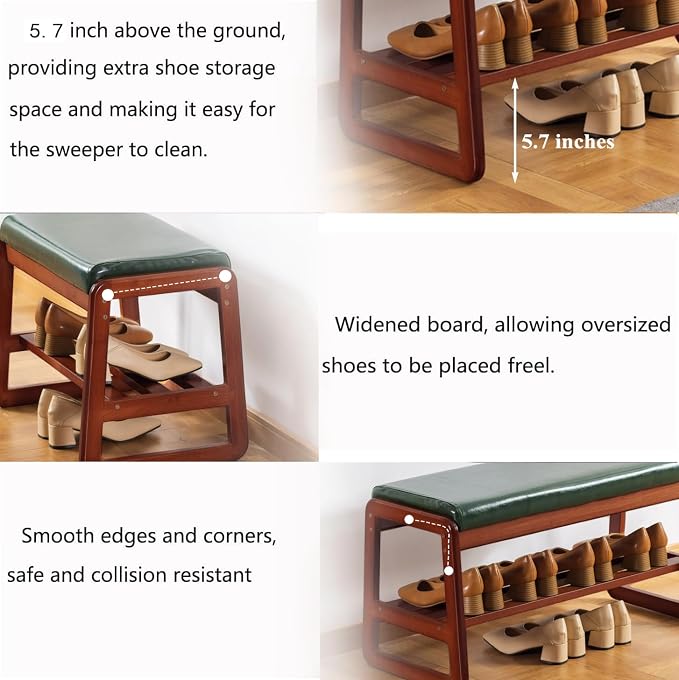Solid Wood Shoe Bench, 2-Tier Wooden Entryway Bench, Modern Shoe Rack with Faux Leather Cushion for Hallway, Living Room (Green, 39.4'') - Image 4