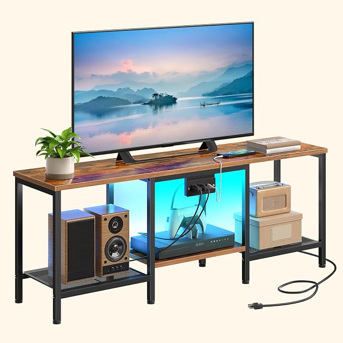 HOOBRO TV Stand with Charging Station to 55 Inches, LED Entertainment Center, Media TV Console Table with Open Storage Shelving for Living Room, Bedroom, Rustic Brown and Black BF122UDDS01 - Image 8