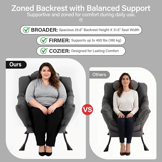 Lazy Chair with Ottoman, Modern Accent Chair with Lumbar Pillow, Dark Grey Sofa, Armchairs with Folding Footrest, Oversized Supportive Chairs for Bedroom, Reading