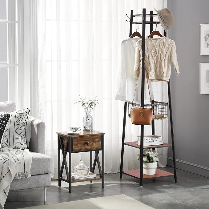 VECELO Coat Rack Freestanding, Entryway Hanger Stand, Umbrella Holder, Hall Tree With Hooks, Floor Standing Metal Tree Stand,Brown - Image 2