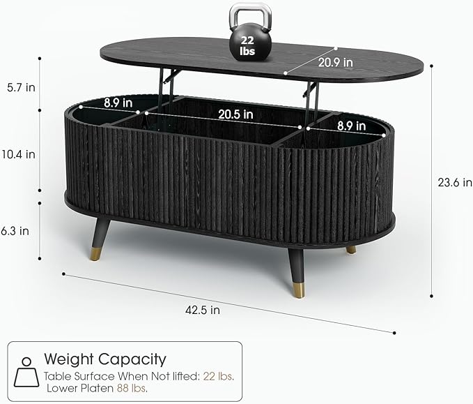 42.5" Oval Lift Top Coffee Table with Storage, Mid Century Modern Black Center Table with Fluted Design, Solid Wood Legs & Hidden Compartment, Pop Up Cocktail Table for Living Room