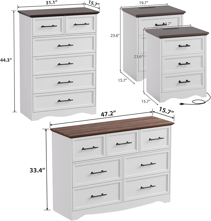 Bedroom Set, 4 Pieces Bedroom Furniture Set, 47"W 7 Drawer Dresser, 44"H 6 Drawer Dresser and 3 Drawers Nightstands with Charging Station, Farmhouse Storage Organizer Cabinet for Bedroom, White