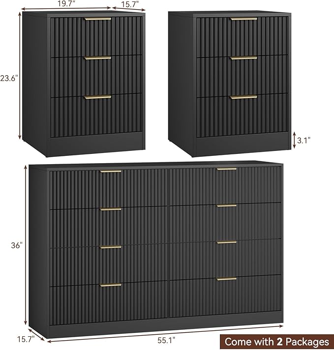 3Pcs Black Dresser & 3 Drawer Nightstand Set, 55” Wide Tall Fluted Dresser and Night Stand Set of 2 with Metal Handle, Modern Wood Chest of Drawers Storage Dressers Set for Bedroom, Black