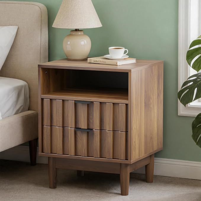 Fluted Nightstand with 2 Drawers, 19" Wide Night Stand with Solid Wood Legs, Open Storage Shelf, Mid Century Modern Wooden Bedside Table for Bedroom, Bed End Side Table, Walnut by HOCAT