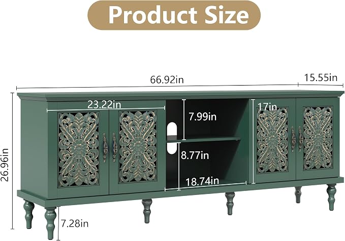 ARTPOWER 67'' Vintage TV Stand with Hollow Carved Doors and Adjustable Shelves, Retro Entertainment Center with Storage, Long TV Consoles for Living Room, Bedroom, Green - Image 7