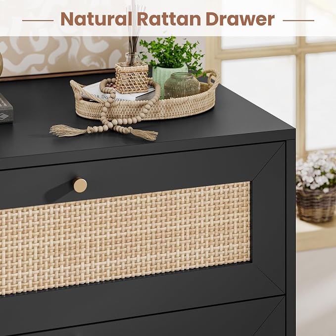 VIAGDO Black Rattan Nightstand Set of 2 with Charging Station, Natural Rattan Night Stand with 3 Large Wicker Decorated Drawers, Boho Bedside Table, End Side Table, 3 Drawer Dresser for Bedroom - Image 6