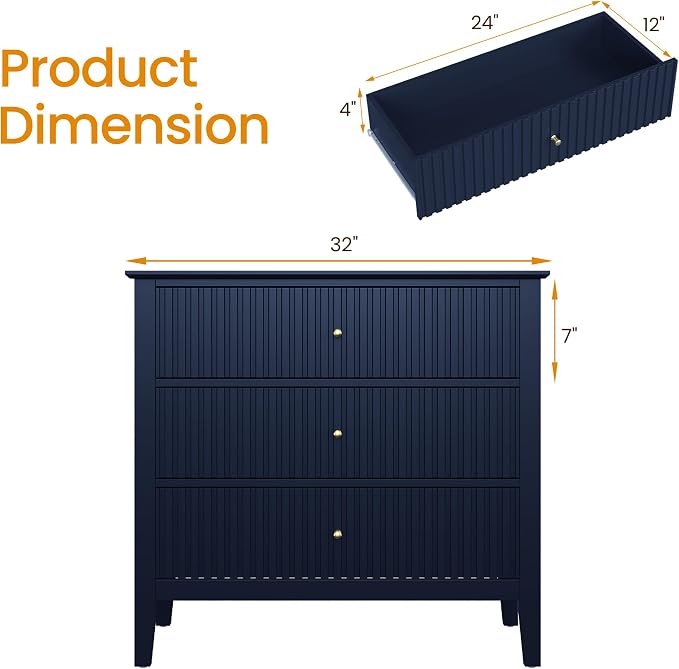 May in Color Large Blue 3-Drawer Dresser, 30 Inch Tall Painted Wood Nightstand with Storage, Wide Modern Chest of Drawers with Ball Bearing Slide for Bedroom Hallway Living Room Entryway Office - Image 2