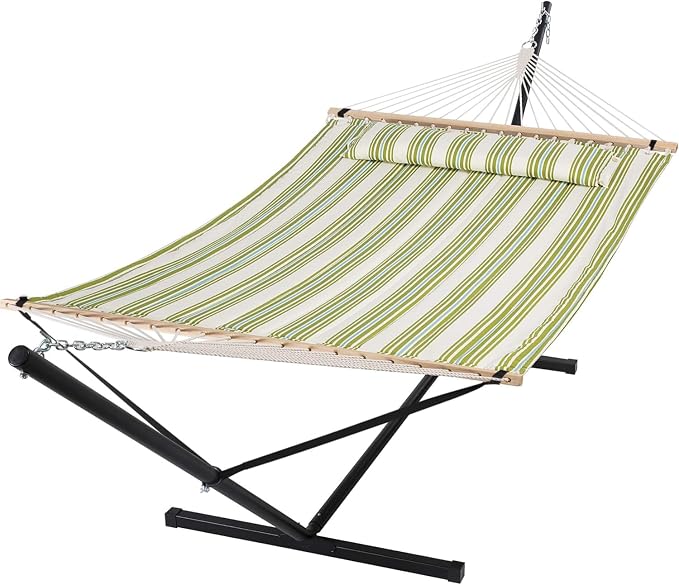 SUNCREAT Portable Double Hammock with Stand, 475 lbs Capacity, Heavy Duty Two Person Hammock with Stand Included, Green Stripe by SUNCREAT
