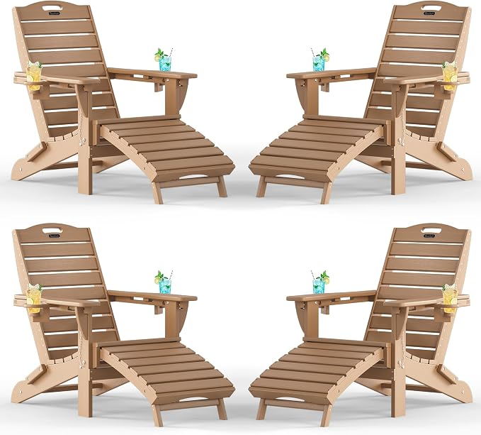 Adjustable Adirondack Chairs Set of 4 with Retractable Ottoman, HDPE Folding Adirondack Chair with Cup Holders, Weather Resistant for Backyard, Poolside & Fire Pit (Teak) by Suunyn