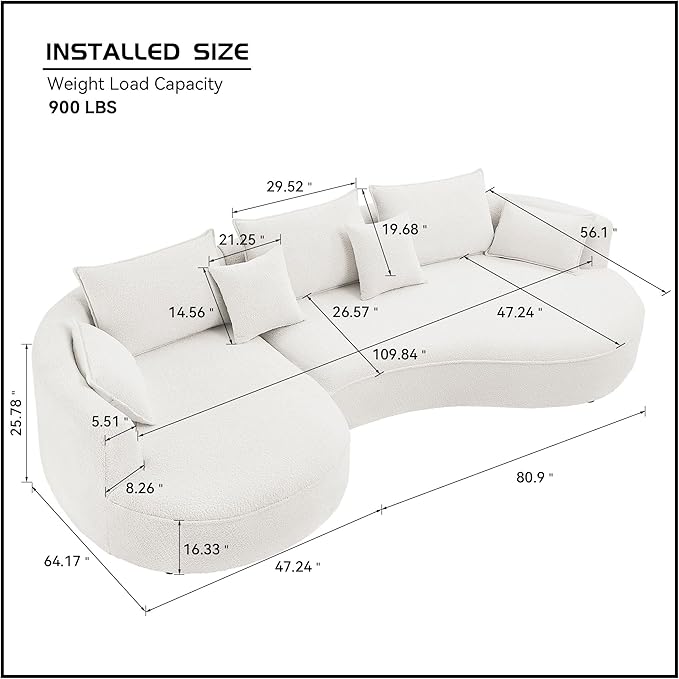 KEIKI 129" Luxury Curved Boucle Sectional Sofa with Left Chaise, Upholstered Modern Style Oversized 5-Seater Couch with Thickened Seat Cushions, Easy Assembly, for Apartment, Living Room, White