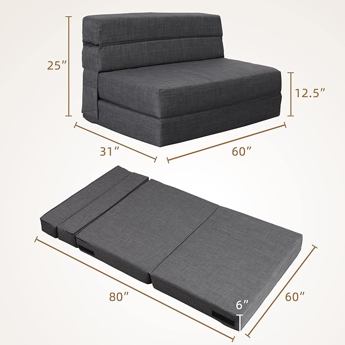 Queen Size Folding Sofa Couch Memory Foam with 2 Pillows Sleeper Chair Lazy Couch Triple Futon Convertible Guest Beds, Washable Cover, Dark Gray