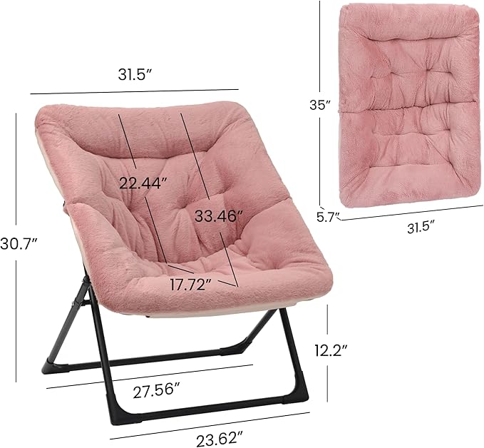 Comfy Saucer Chair for Adults, Soft Faux Fur Bedroom Chair, Accent Dorm Chairs, Flexible Living Room Reading Chairs, Oversized Folding Seat for Teens, X-Large, Dusky Pink