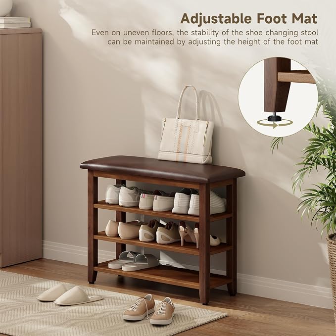 Shoe Bench with Leather Cushion,Wood Bench with Shoe Rack,3-Tier Shoe Storage Organizer for Entryway,Hallway,Living Room (Brown, 3-Tier-31.5") - Image 4