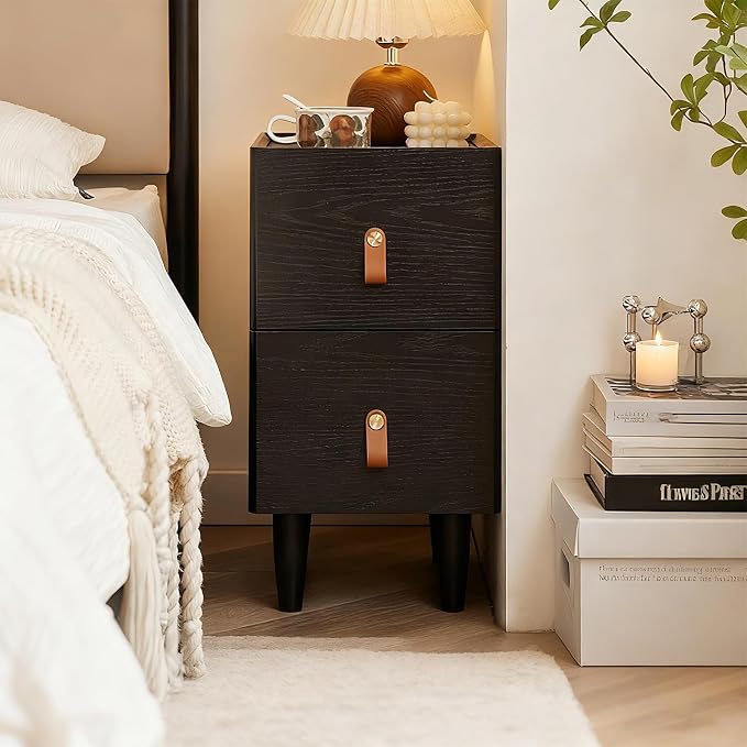 Narrow Nightstand, Solid Wood Night Stand, Mid Century Modern Side Table, 2 Drawers End Table, Small Bedside Tables for Bedroom, 9.84" W x 15.74" D x 21.65" H, Black by TowoodLifee
