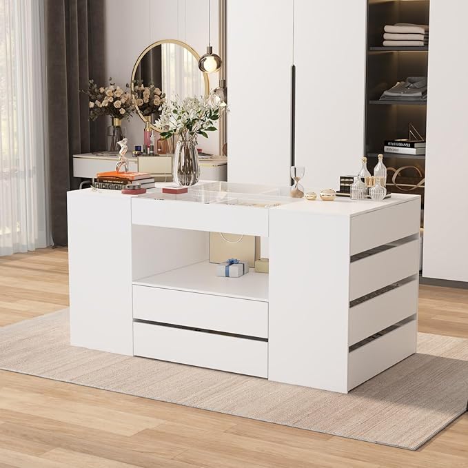 Armoire Bedroom Island Wardrobe Closet Island with 14 Drawers & Glass Tabletop, Island Dresser with Jewelry Organizer, Island for Bedroom Cloakroom White (63”W x 31.5”D x 31.5”H)