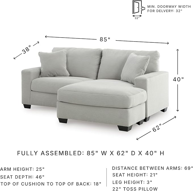 Signature Design by Ashley Ammon Contemporary Anti Sag Sofa Chaise with Loose Seat Cushion and 2 Accent Pillows, Light Gray