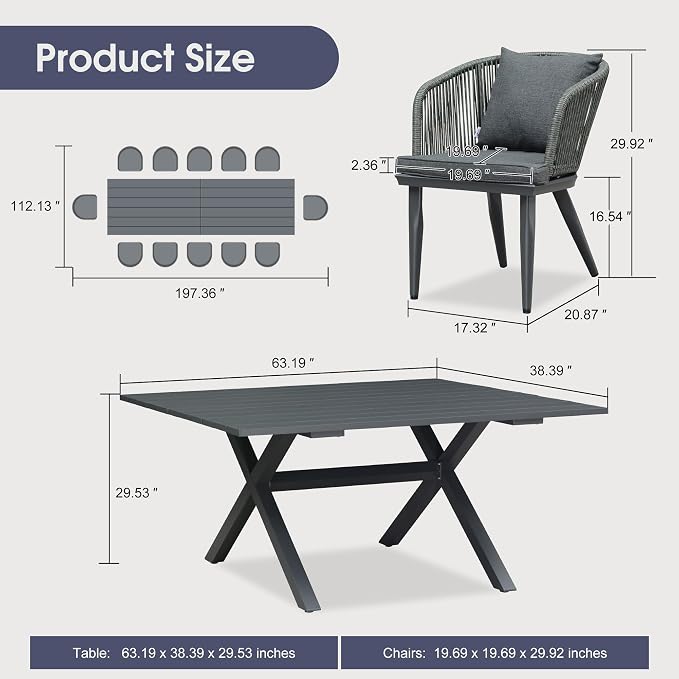 PURPLE LEAF 14 Pieces Patio Dining Set Wicker Outdoor Furniture Rectangular Table and Chairs Set for Garden Deck Aluminum Frame Backyard Kitchen Set, Cushions and Pillows Included Grey - Image 8