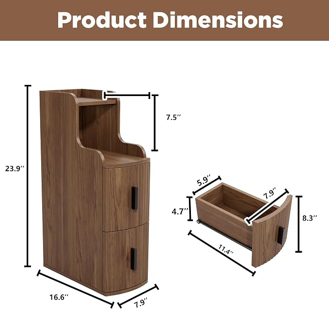 Narrow Nightstands Set of 2 with 2 Drawers for Small Spaces Skinny Mid Century Modern Bedside Tables Thin Dark Brown Night Stands Furniture with Storage Shelves for Bedroom Sofa Office(2, Walnut) - Image 2