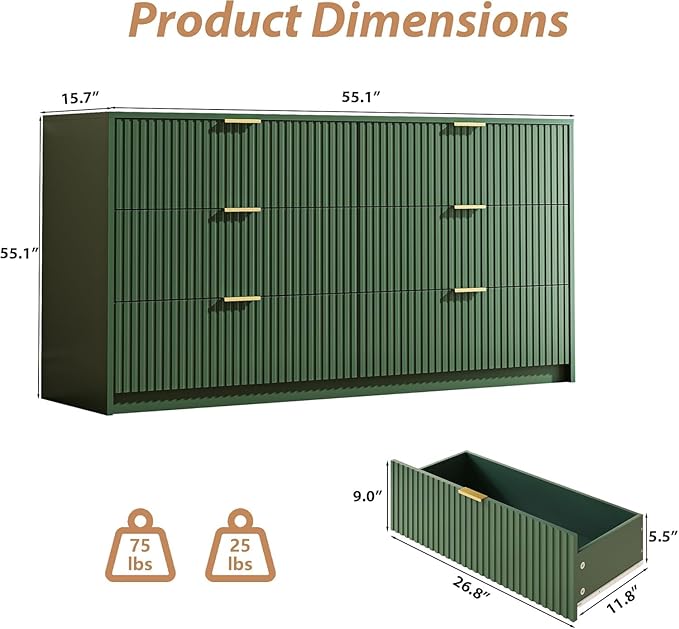 MAISONARIA 3-Piece Dresser Bedroom Set, 6 Drawer Dresser & 3 Drawer Nightstands with Gold Handles, Fluted Wood Chest of Drawers for Bedroom, Living Room, Entryway, Green
