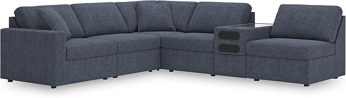 Signature Design by Ashley Modmax Contemporary Stain Resistant Left-Arm Facing 6-Piece Sectional with Audio Console, Armrest, Throw Pillows, Reversible Cushions and USB Port, Blue