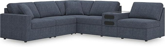 Signature Design by Ashley Modmax Contemporary Stain Resistant Left-Arm Facing 6-Piece Sectional with Audio Console, Armrest, Throw Pillows, Reversible Cushions and USB Port, Blue
