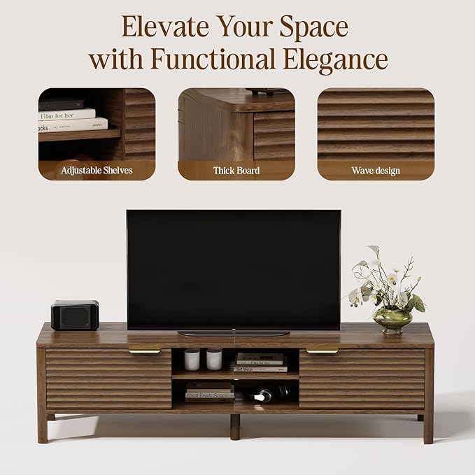 IKALIFE TV Stand for Living Room - up to 65 Inch TVs Mid Century Modern Entertainment Center with Storage and Adjustable Shelves, Media Console Table Walnut 59" - Image 5